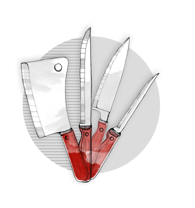 Quatro facas profissionais de tamanhos variados, mais grossas e mais finais. Elas têm a lâmina preenchida de cinza e o cabo de vermelho. 