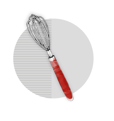 Um batedor fouet com os arames desenhados em cinza e o cabo em vermelho.