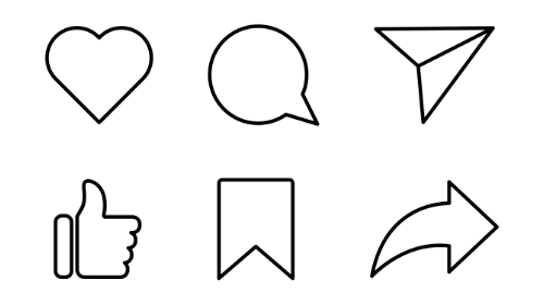 A imagem é uma ilustração com ícones do Instagram. Em cima, da esquerda para a direita, estão: um coração, um balão de comentário e um avião de papel. Embaixo, da esquerda para a direita, estão: uma mão fazendo sinal de positivo, um marcador e uma seta.