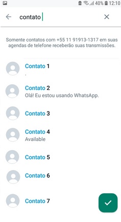 Imagem da barra de seleção dos contatos do Whatsapp que vão fazer parte da lista de transmissão.