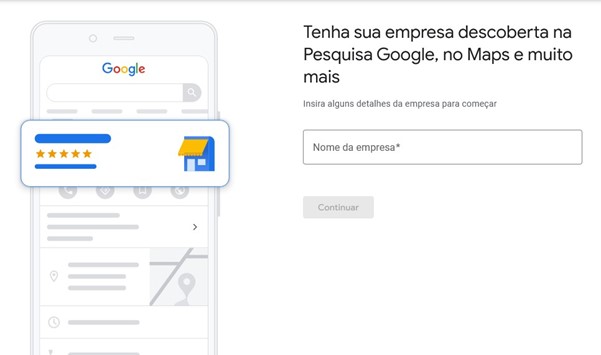 Imagem de fundo branco. À esquerda, está a ilustração de um celular com a tela mostrando uma busca do google e uma opção de empresa destacada com borda azul. No lado direito, vemos uma lacuna para inserir o nome da empresa que está sendo cadastrada na plataforma e o botão de "Continuar" abaixo.