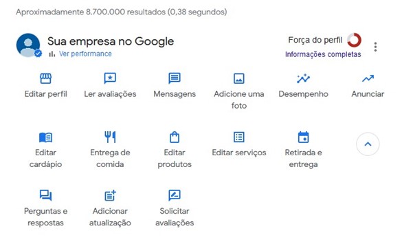 Imagem de fundo branco. A imagem apresenta o resultado de uma busca do Google por uma empresa cadastrada. Podemos visualizar o nome, a foto de perfil da empresa e diversas opções para clicar e gerenciar o perfil. As opções são as de editar perfil, ler avaliações, mensagens, adicionar uma foto, desempenho, anúncios, edição de cardápio, entrega de comida, edição de produtos, edição de serviços, retirada e entrega, perguntas e respostas e solicitação de avaliações.